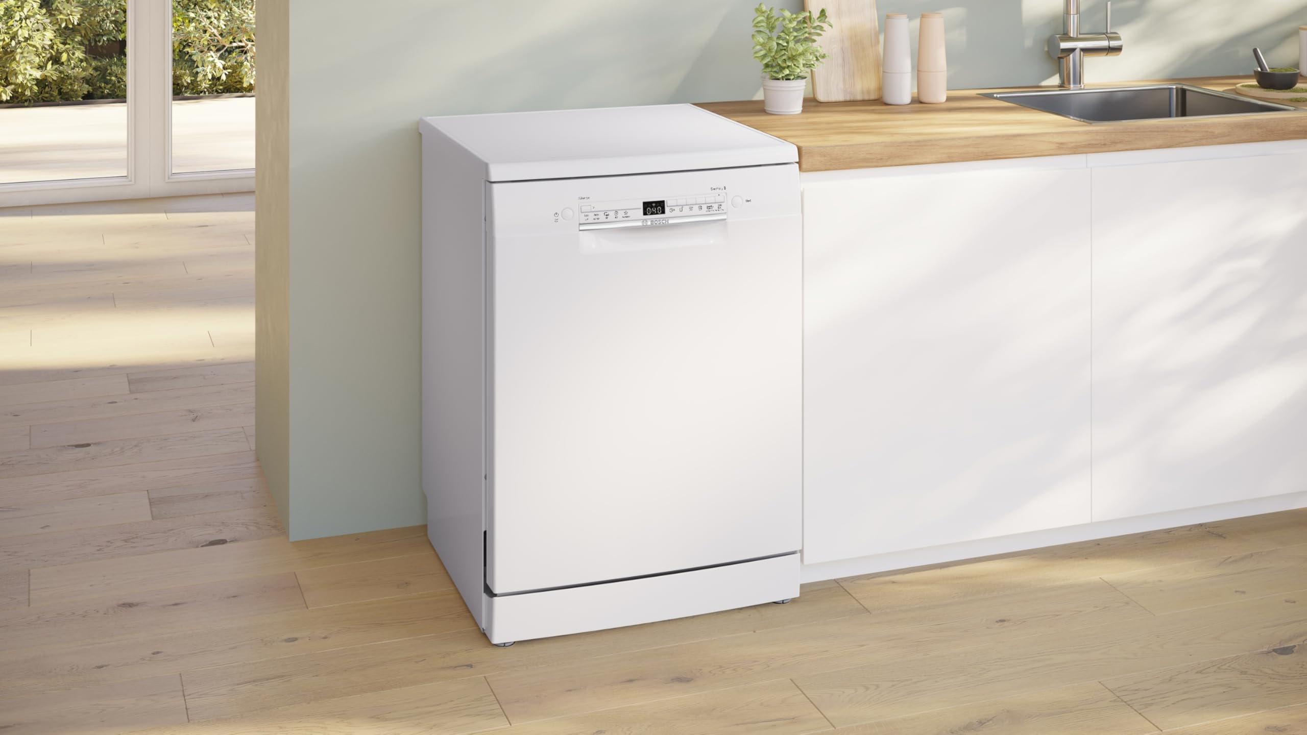Bosch SMS2HTW08E Serie 2 zmywarka wolnostojąca, 60 cm, Smart Start, potwierdzona wydajność higieniczna, dodatkowe suszenie, ulubiony program, Silence on Demand, AquaStop, Home Connect, biała