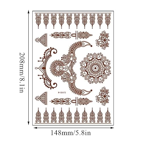 Miniatura 6 de Calcomanías de tatuaje de henna con flores marrones, impermeables, temporales, calcomanías de tatuaje indio Diwali, calcomanías para decoración de