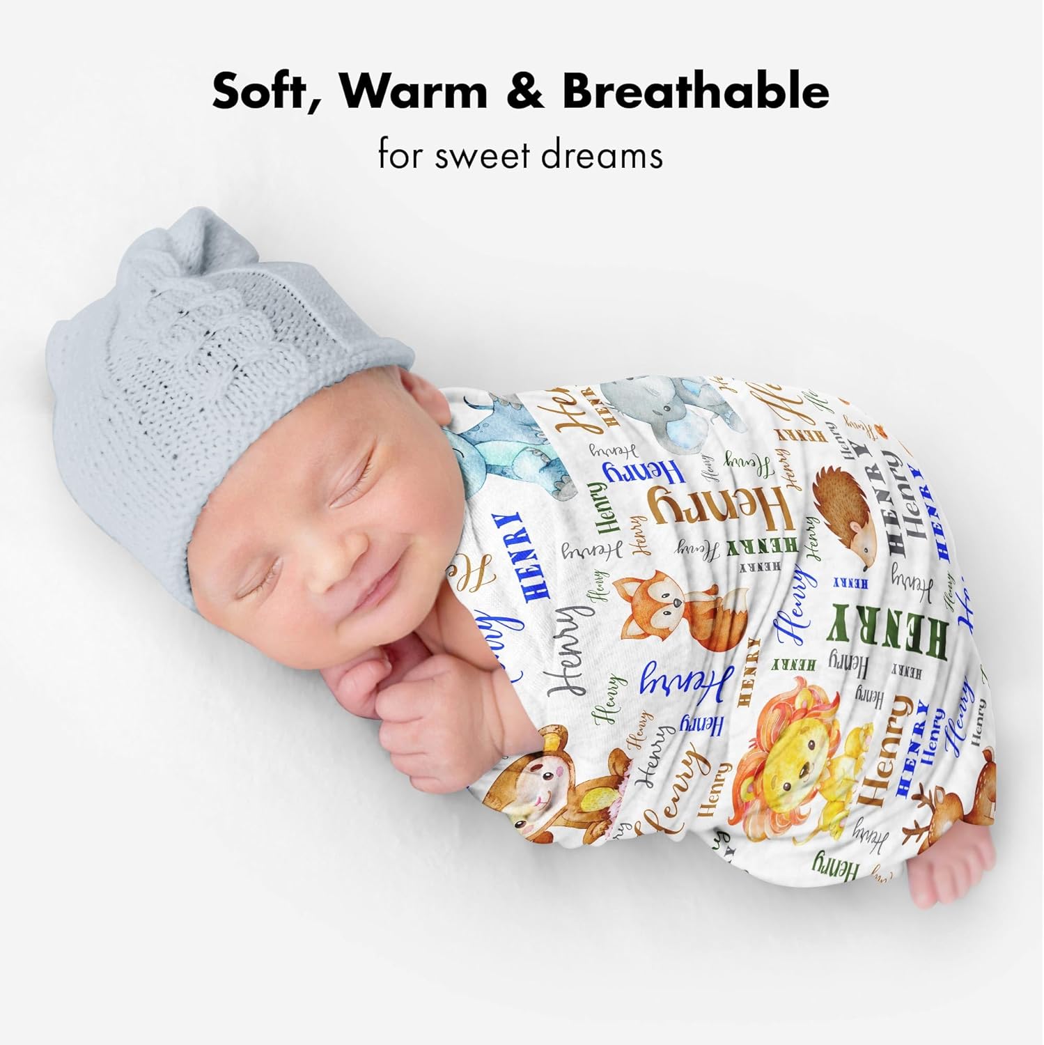 Personalized Jungle Animals Baby Blanket, Custom Name Soft Safari Theme Throw, Snuggly Newborn Fleece Swaddle, Colorful Nursery Decor, Lion Giraffe Elephant Design