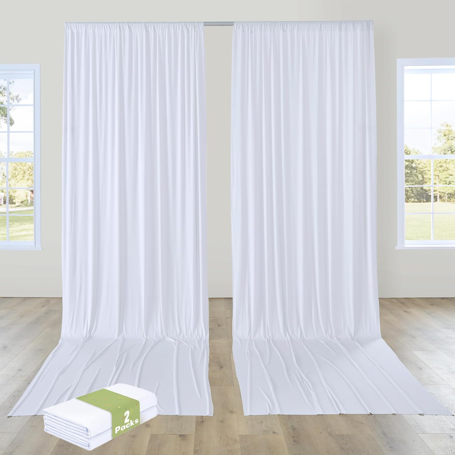 PartyVillage 10ft15ft White Backdrop Curtain for Wedding Parties, 2 Panels Wrinkle Free 15 FT Long Polyester Photo Backdrop Drapes Back Drop Cloth for Birthday Photography Background