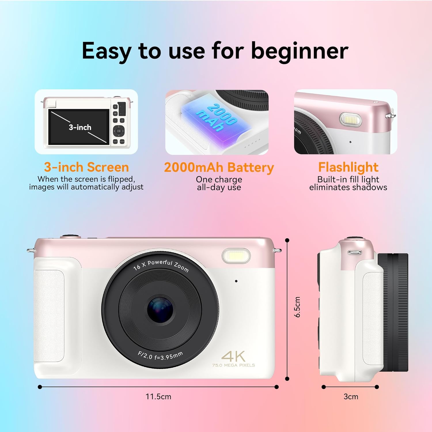 4K Digital Camera 75MP Autofocus Vlogging Camera, WiFi Compact Point and Shoot Camera 3 Inch 180°Flip Screen, 16X Zoom Anti-Shake 32GB SD 2500mAh Battery for YouTube Teens Beginners Travel Photography