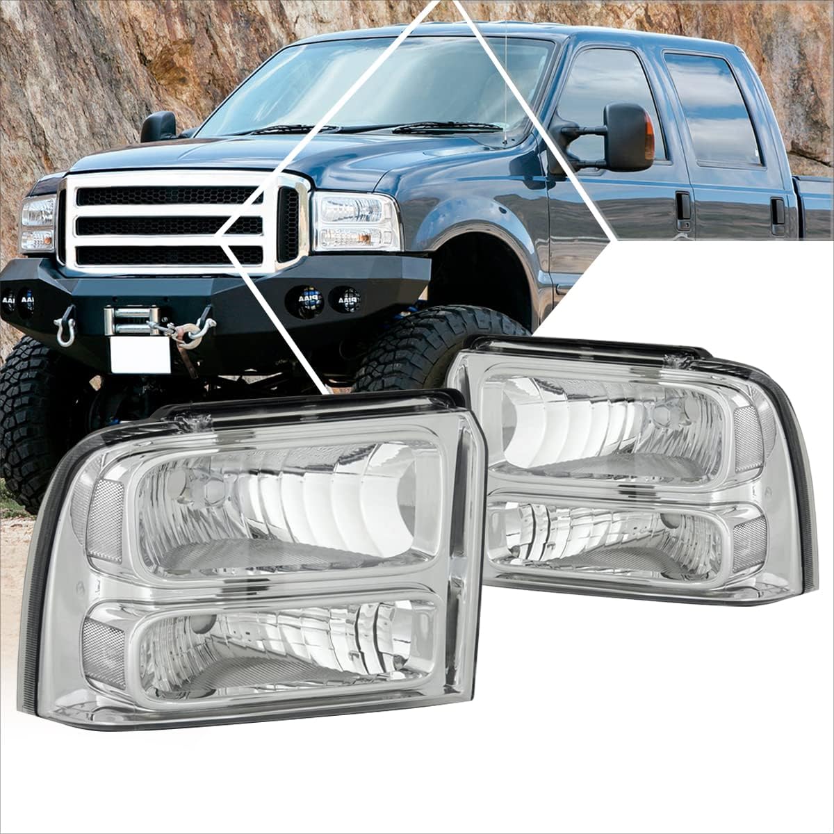 PM PERFORMOTOR Chrome Housing Clear Corner Chrome Housing Headlights Compatible with 05-07 F250 / F350 / F450 / F550 SD, PMHL-FSUP-0507-OH-CC