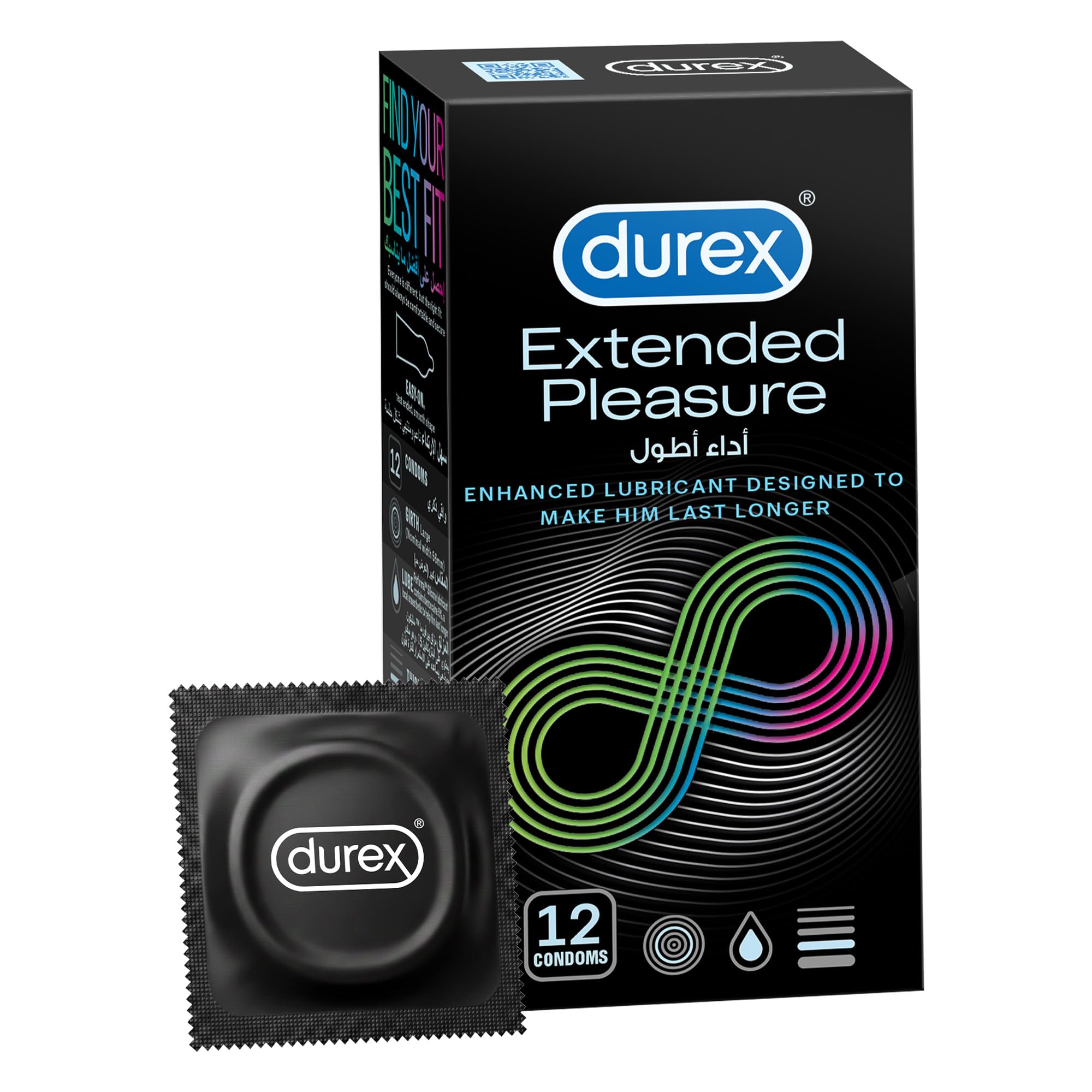 Durex Extended Pleasure Condoms Pack of 12 - Longer-Lasting Climax Delay Condoms with Benzocaine Lube, Natural Rubber Latex, Electronically Tested for Confident Protection