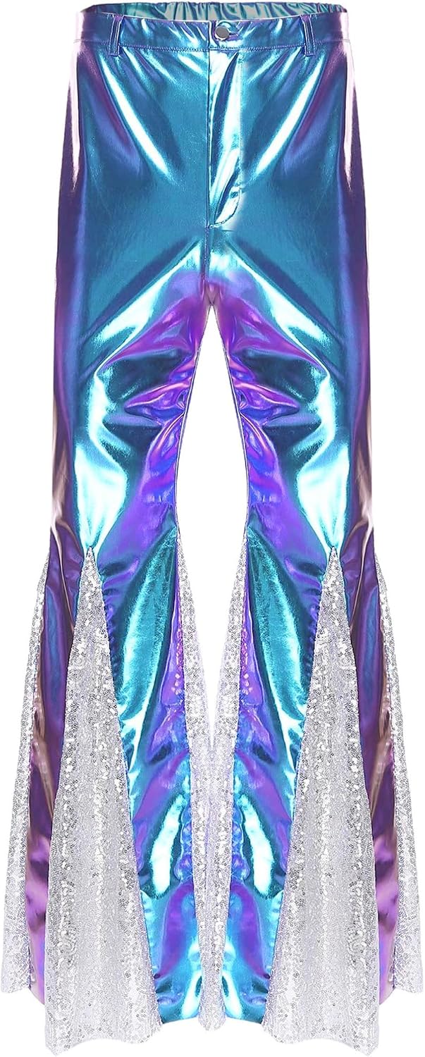 iiniim Womens Sparkly Sequins Bell Bottoms Pants Metallic Shiny Disco Party Dance Trousers Clubwear