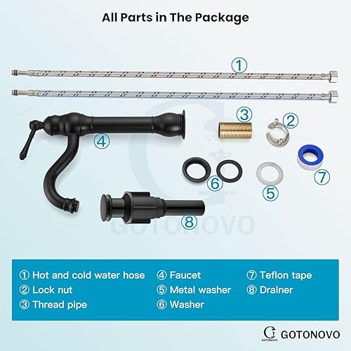 Miniatura 9 de Grifo de lavabo negro mate para baño, de una sola manija, grifo mezclador de lavabo con desagüe emergente, boquilla alta, montaje en cubierta de un