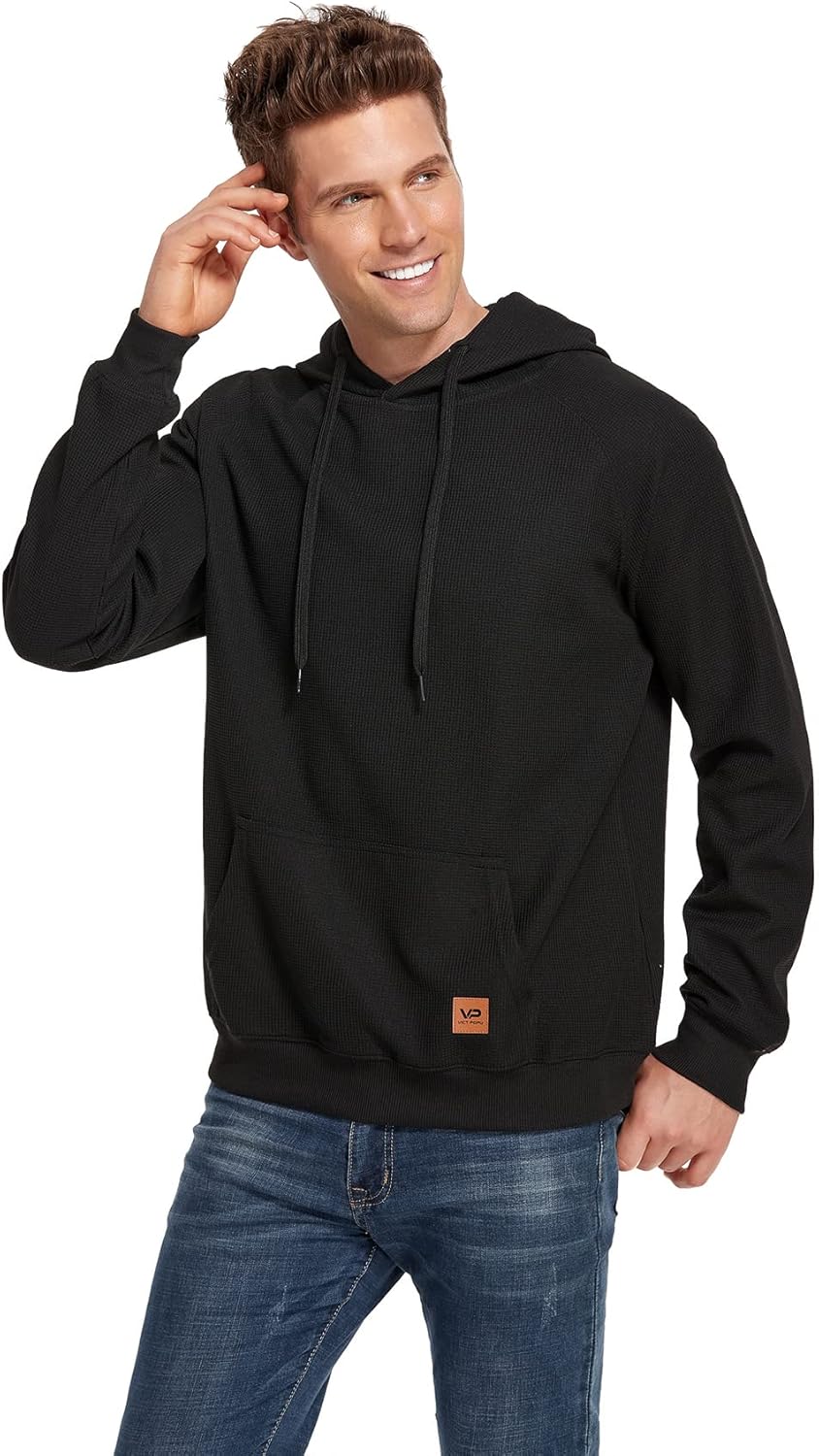 VICT POPU Hoodies For Men Pullover Long Sleeve hooded Plaid Jacquard With Big Pockets Solid Color Sweatshirt - Image 3