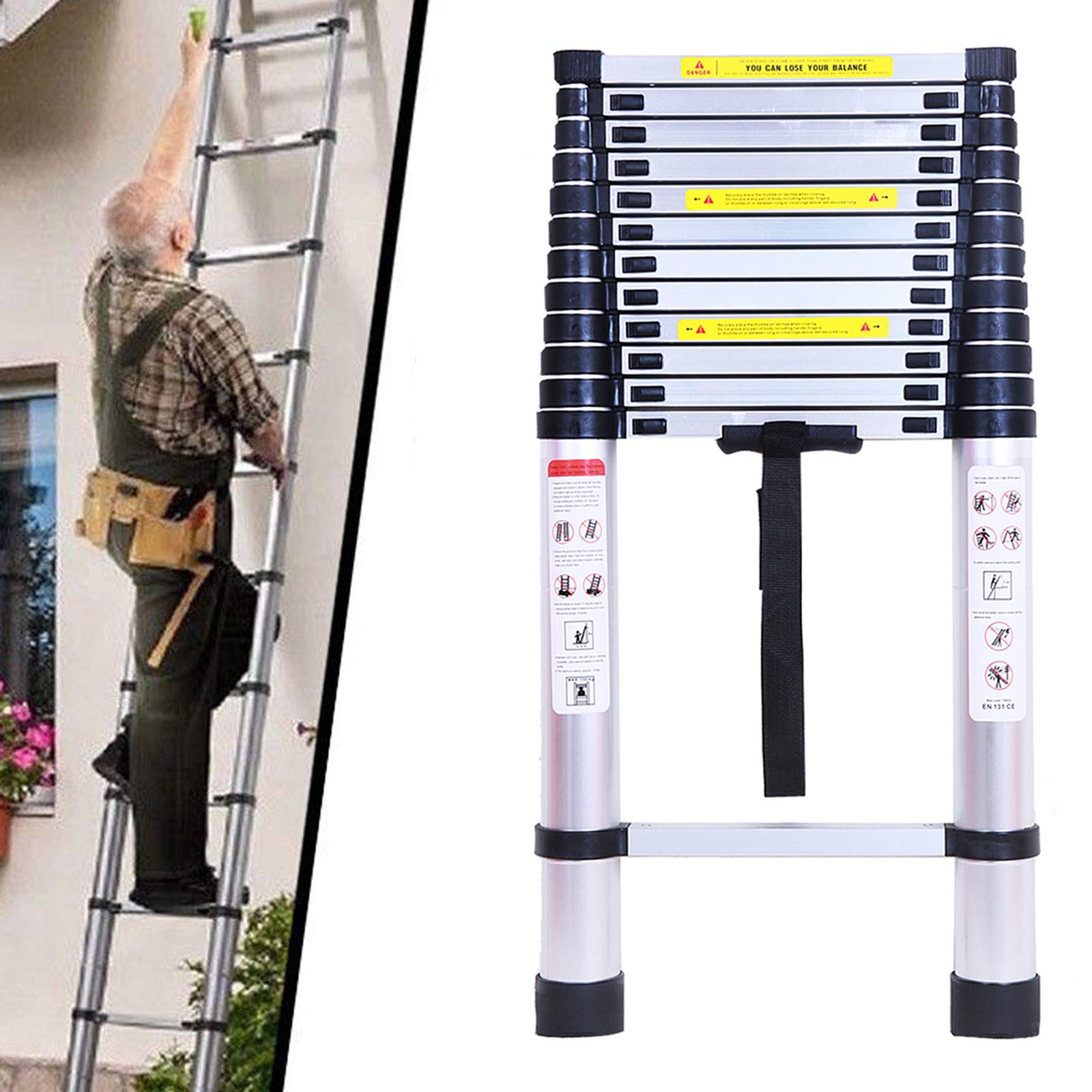 Scala Telescopica In Acciaio 5 Metri - Pieghevole, Antiscivolo, Portata 150 Kg, EN131, Con Ganci - Foto 9