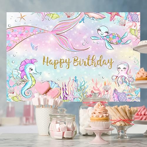 Miniatura 3 de Lofaris Telón de fondo de fotografía bajo el mar de 5 x 3 pies para niñas, sirenita, fiesta de cumpleaños, hipocampo, concha, tortuga, fondo coral,