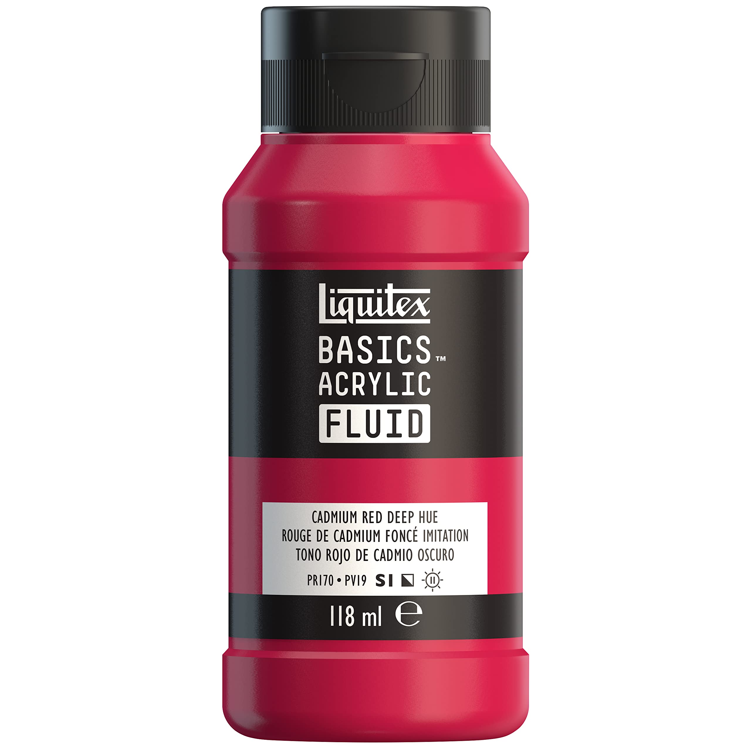 Liquitex 8870388 Basics Fluid Acrylfarbe mit fließender Konsiszenz, schnell trocknend, lichtecht, wasserfest, auf Wasserbasis, 118ml Flasche - Kadmiumrot Dunkel Farbton