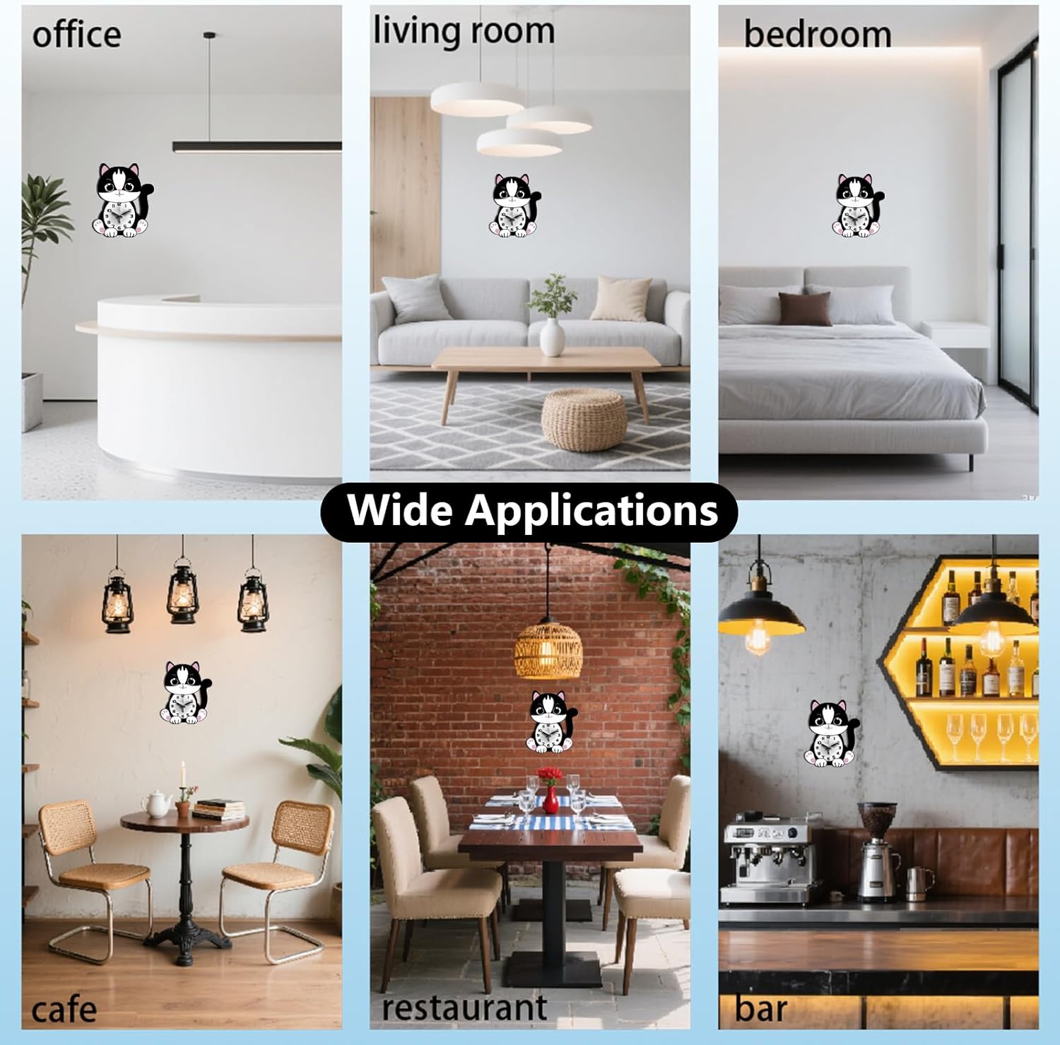 Cute Cat Wall Clock Cartoon Cat Non-Ticking Clock Irregular Shape Decorative Clocks Flat Printing Wall Clocks for Home Office Decoration, 12.99x15.98 inch