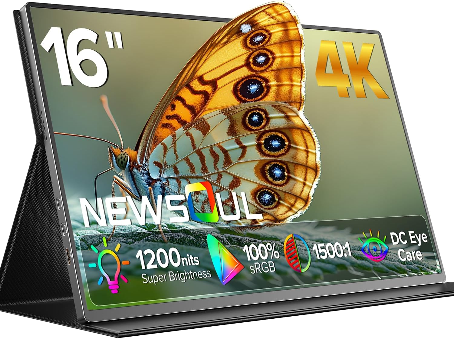 Newsoul 4K Portable Monitor, 3840 * 2400 UHD 16″ Gaming Monitor 1200Nits 1500:1 100% sRGB IPS FreeSync Laptop Monitor with VESA & Cover Built-in USB-C HDMI Portable Screen for Phone Game Console