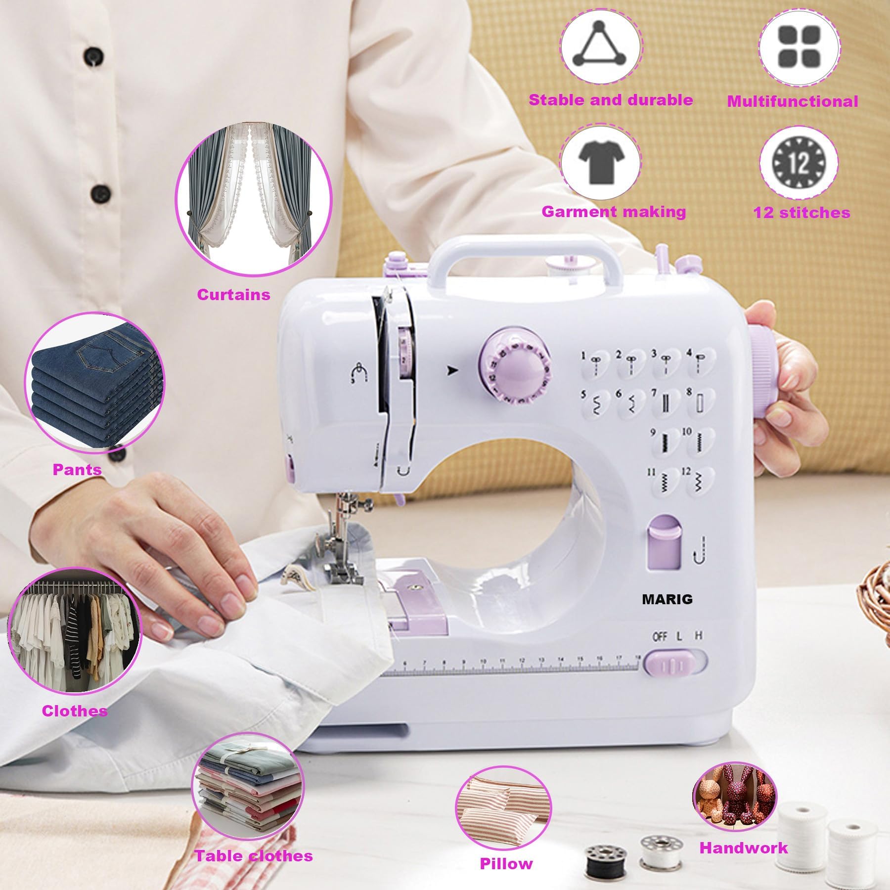 MARIG Machine à coudre pour débutants - Petite machine à coudre électrique portable avec 2 vitesses - 12 motifs de point intégrés avec prise britannique