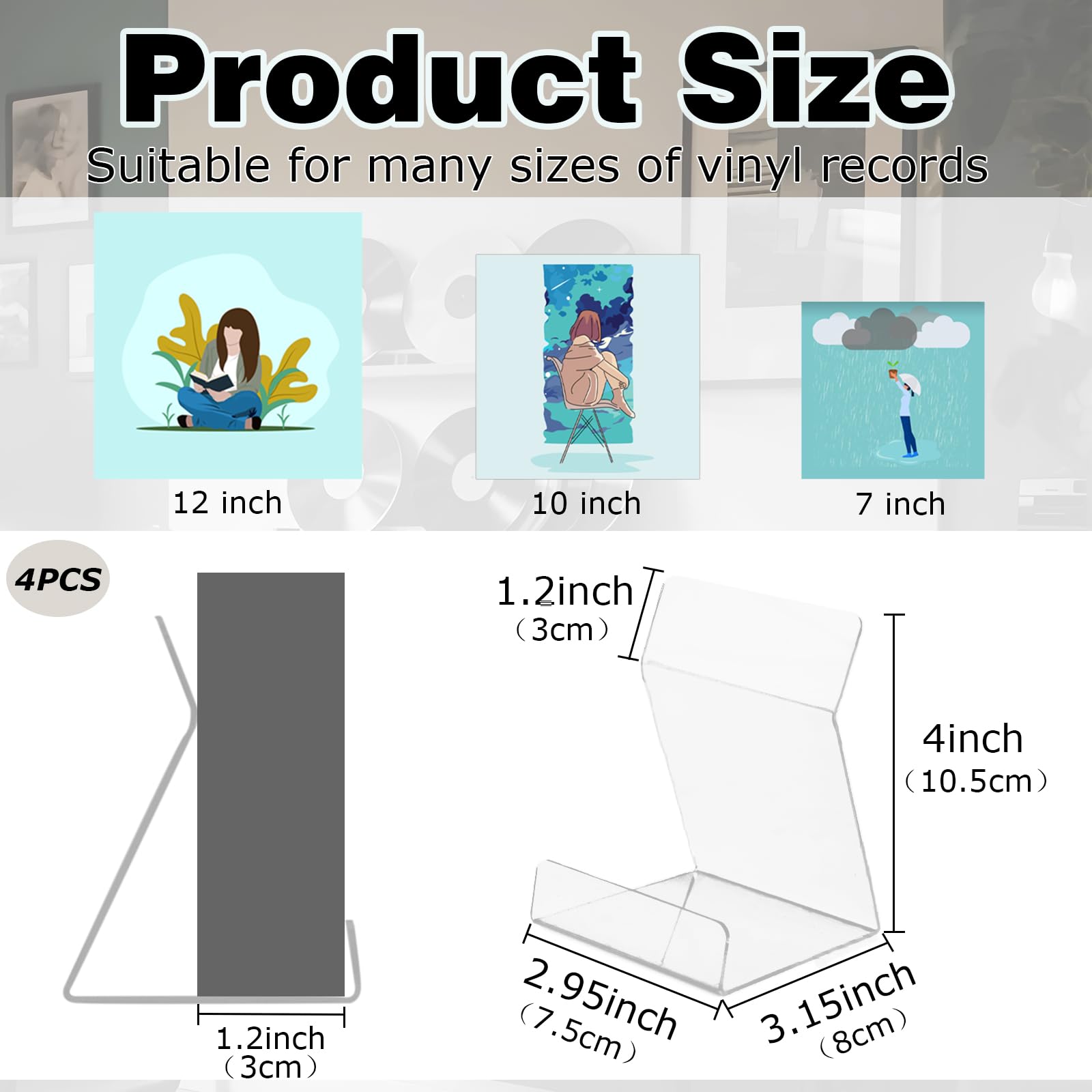 Lot d 4 Support Vinyle Rangement Disques Vinyles Porte en Acrylique Étagère pour Range Vinyle