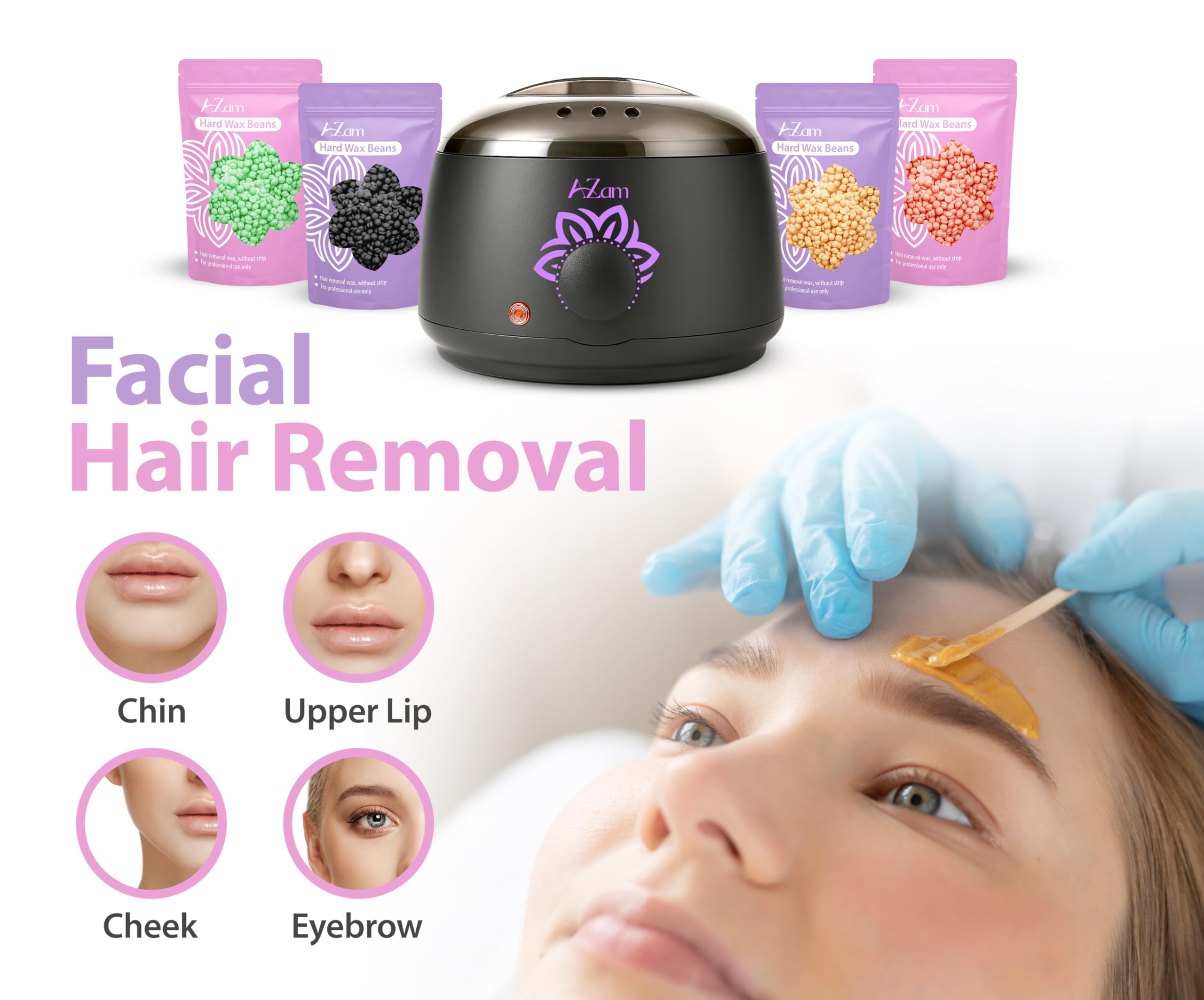 AZam Kit completo de depilación para el hogar: incluye calentador de cera profesional, 4 perlas de cera, carcasa de silicona, 2 aceites de tratamiento y accesorios para el cabello corporal completo.