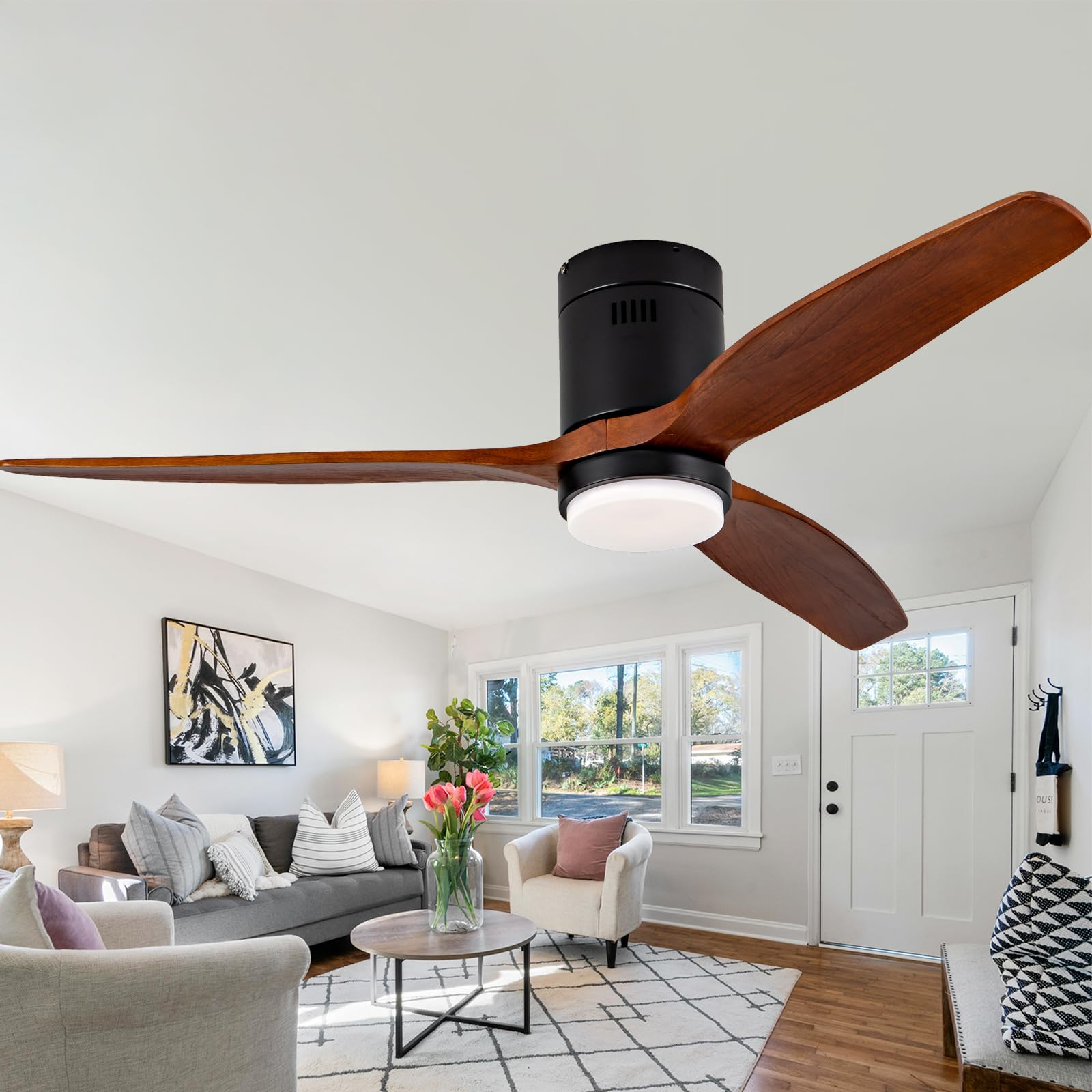 52 Inch Solid Wood Low Profile Ceiling Fans with Lights and Remote Control,3 Blades Flush Mount Ceiling Fans Walnut Hugger Easy Installation for Living Room Bedroom Farmhouse Indoor