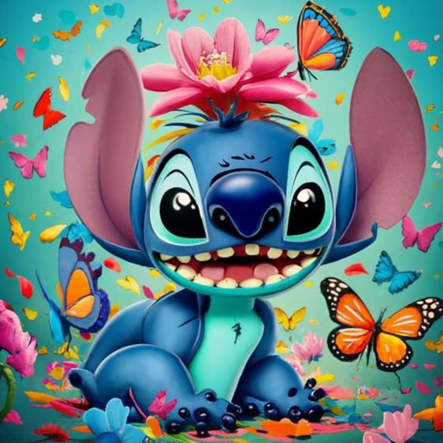 Kit de diamond painting 5D Stitch Mariposa, DIY Punto de Cruz con flores Diamantes, Arte Mosaico Animado,Cuadro de Diamantes para Niños y Adultos, Ideal para Decoración de Pared o Regalo, 30 x 30 cm