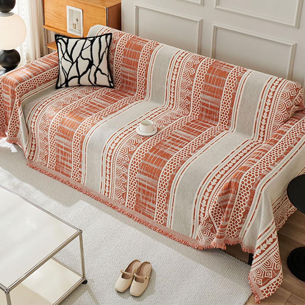 Highdi Sofa Throws Large, Extra Large Throws for Settees, Boho Chenille Versatile Soft Throw Blanket with Tassels for Settees Couch Sofa Bed Armchair (90x180cm,Orange)