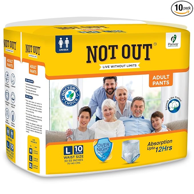 Buy Not Out Adult Diaper Pants, Large Size, Waist (75-140cm), 12 Hrs Absorption, Unisex with Extra Soft, Odour Control, 10 Count (Pack of 1) at Rs. 278