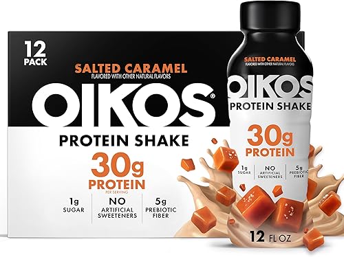 Oikos - Batidos de proteína, sabor caramelo salado, bebidas listas para tomar con 30 g de proteína, no requiere refrigeración, con 5 g de fibra