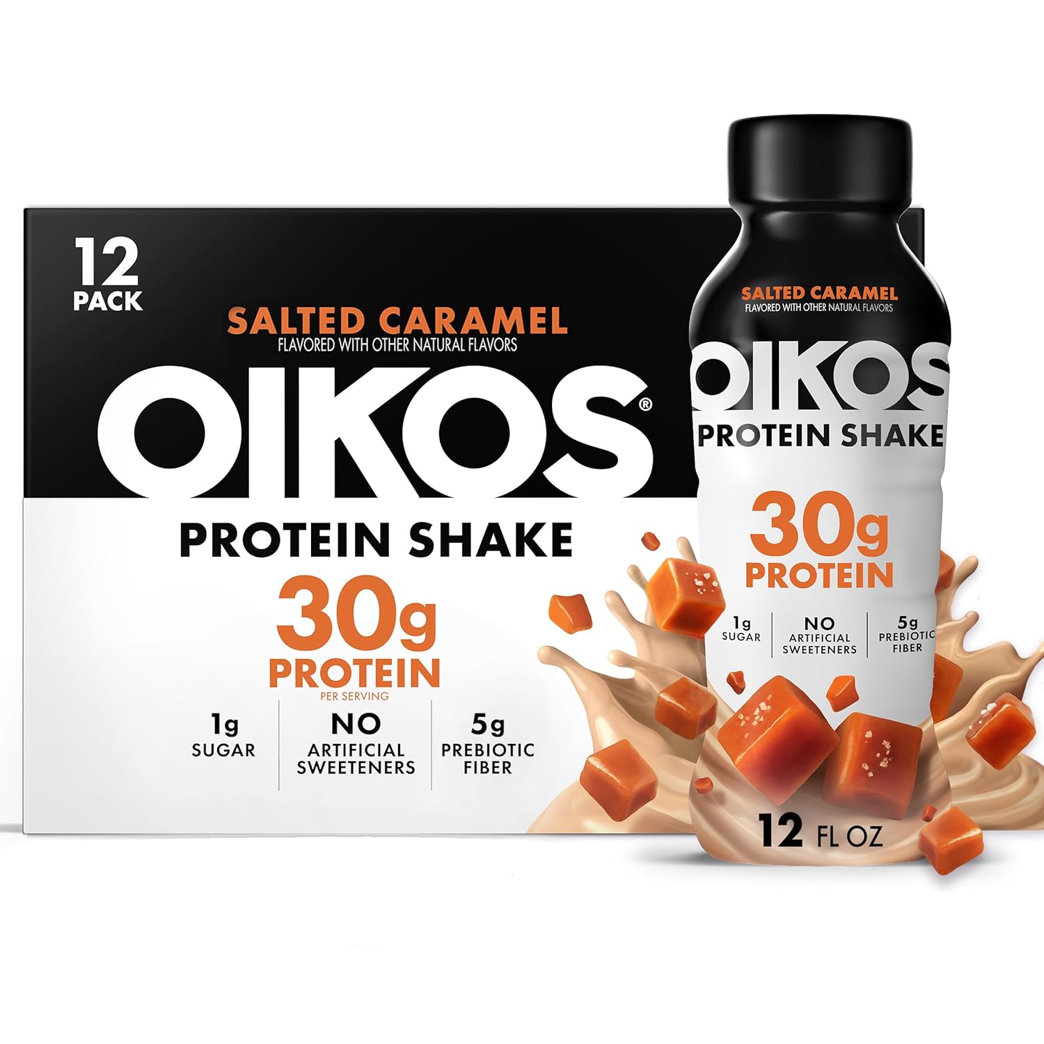 Oikos Salted Caramel Protein Shake: 30g Protein, 5g Prebiotic Fiber, Shelf-Stable RTD Drinks, 12oz Bottles, 12pk