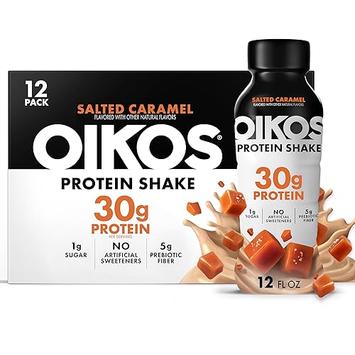 Oikos Batido de Proteína, Caramelo Salado, Bebidas Altas en Proteína de 30g, Estable en Estante, Listo para Beber, 5g de Fibra Prebiótica, Botella