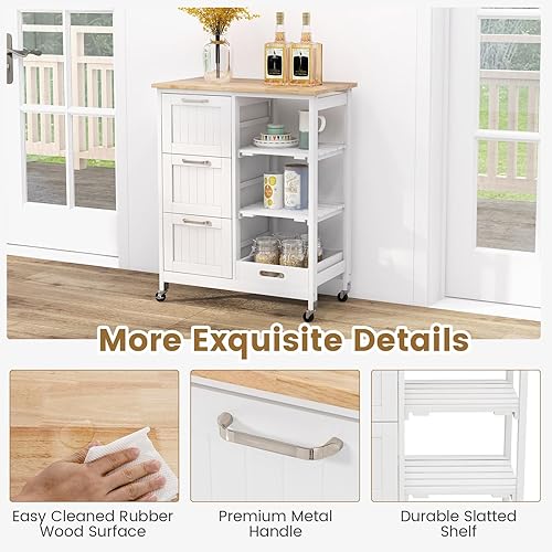 Miniatura 6 de GOFLAME Carrito de isla de cocina con ruedas, versátil carrito rodante con encimera de madera, 3 cajones, bandeja extraíble y ruedas con cerradura,