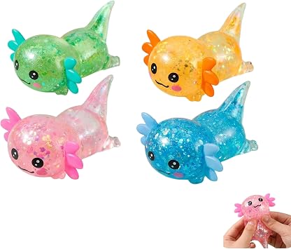 4 Pack Axolotl Squishy Glitter Stress Balls Translucent Glitter Squeeze Desk Decor Cute Axolotl Shaped Calming Gadgets for Adult Tension Relief Green / Yellow / Pink / Blue Style B