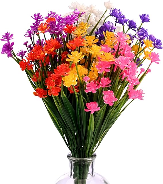 Artificial Fake Flowers 6 Bundles of 6 Colors Outdoor UV Resistant Greenery Shrubs Plants Indoor Outside Hanging Planter Home Garden Decorating