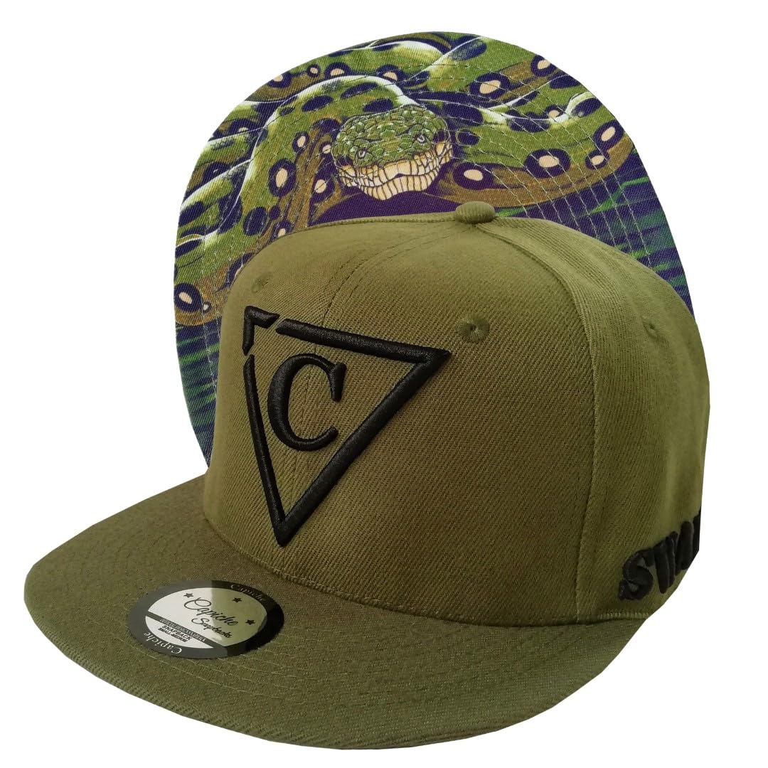 Capiche [99+ Variations] Green Snapback Cap for Men, The Anaconda, Baseball Cap, Cool Hat, Snake Tattoo Artwork on Flat Bill Olive Green, Black Logo, Swamp Design, Hats, Slytherin, Jungle Hat