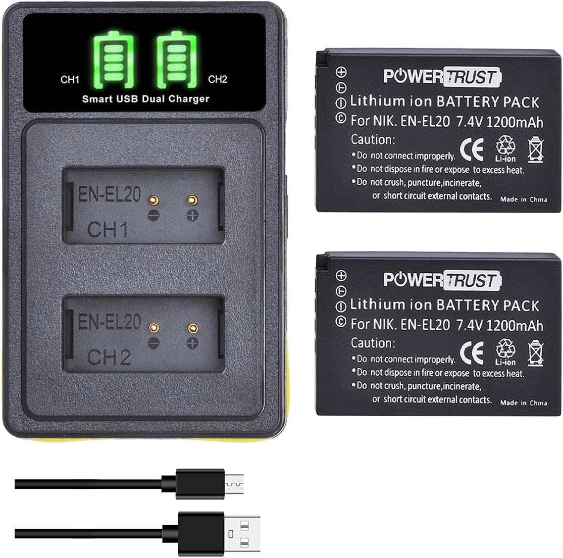 PowerTrust 2Pcs ENEL20 EN EL20a Battery and Buildin USB Charger for