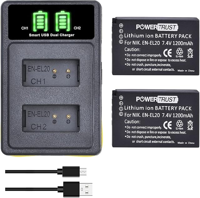 PowerTrust 2Pcs EN-EL20 EN EL20a Battery and Build-in USB Charger for Nikon Coolpix P1000, P950, 1 J1, 1 J2, 1 J3, 1 AW1, 1 V3, Coolpix A Camera