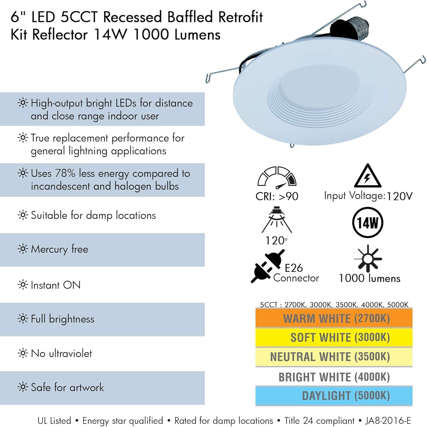 Retrofit Recessed Lighting Fixture with Integrated LED Light, 5/6", 5 Color Temperature, Dimmable Baffle Trim Downlight, 14 Watt, 1200 Lumens, Easy Install, ES Qualified, UL Listed (4)