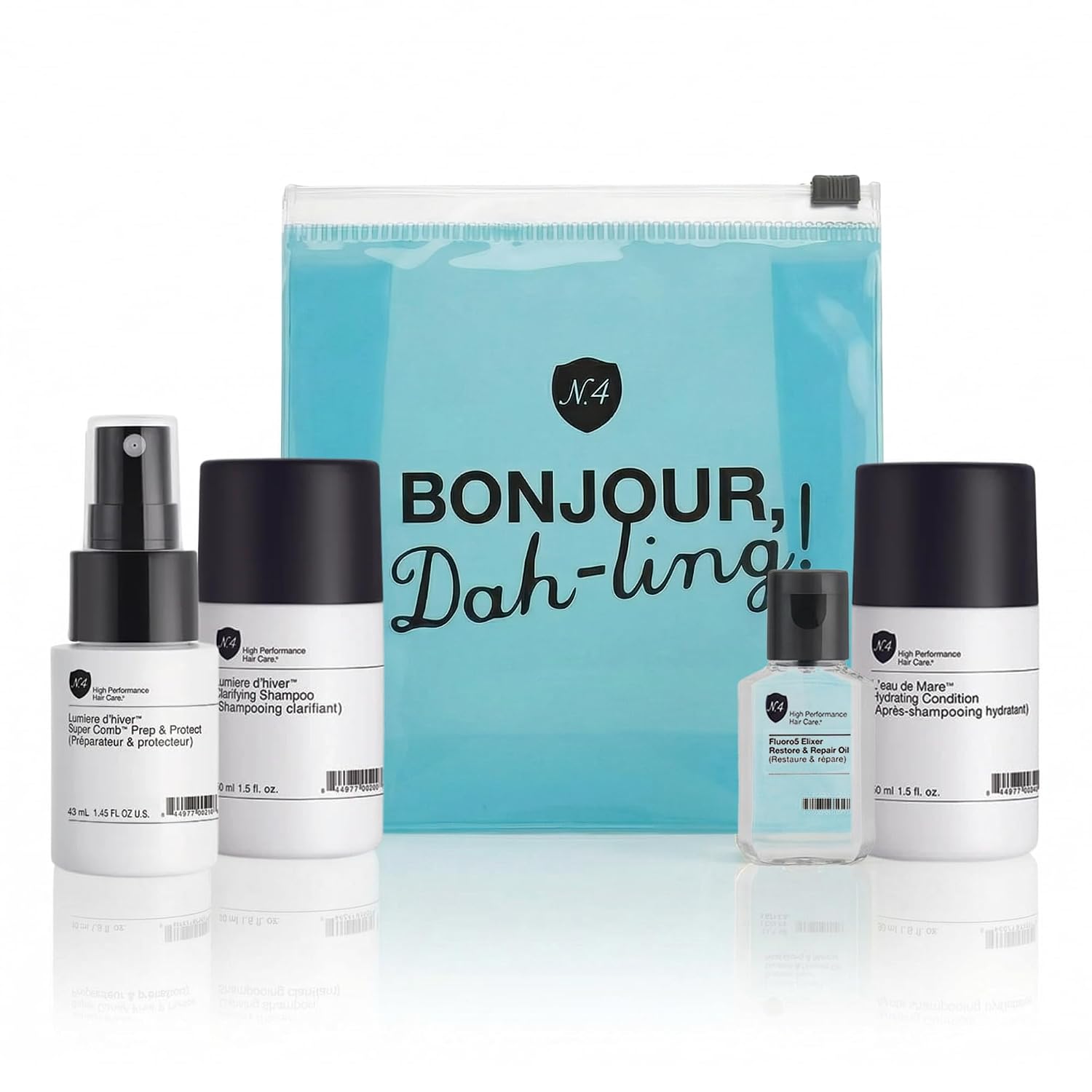 Number 4 Try Me Set - Daily Clarifying Shampoo 1.5oz, Hydrating Condition 1.5oz, Super Comb Prep & Protect 1.5oz, Fluoro5 Elixer Restore & Repair Oil .5oz