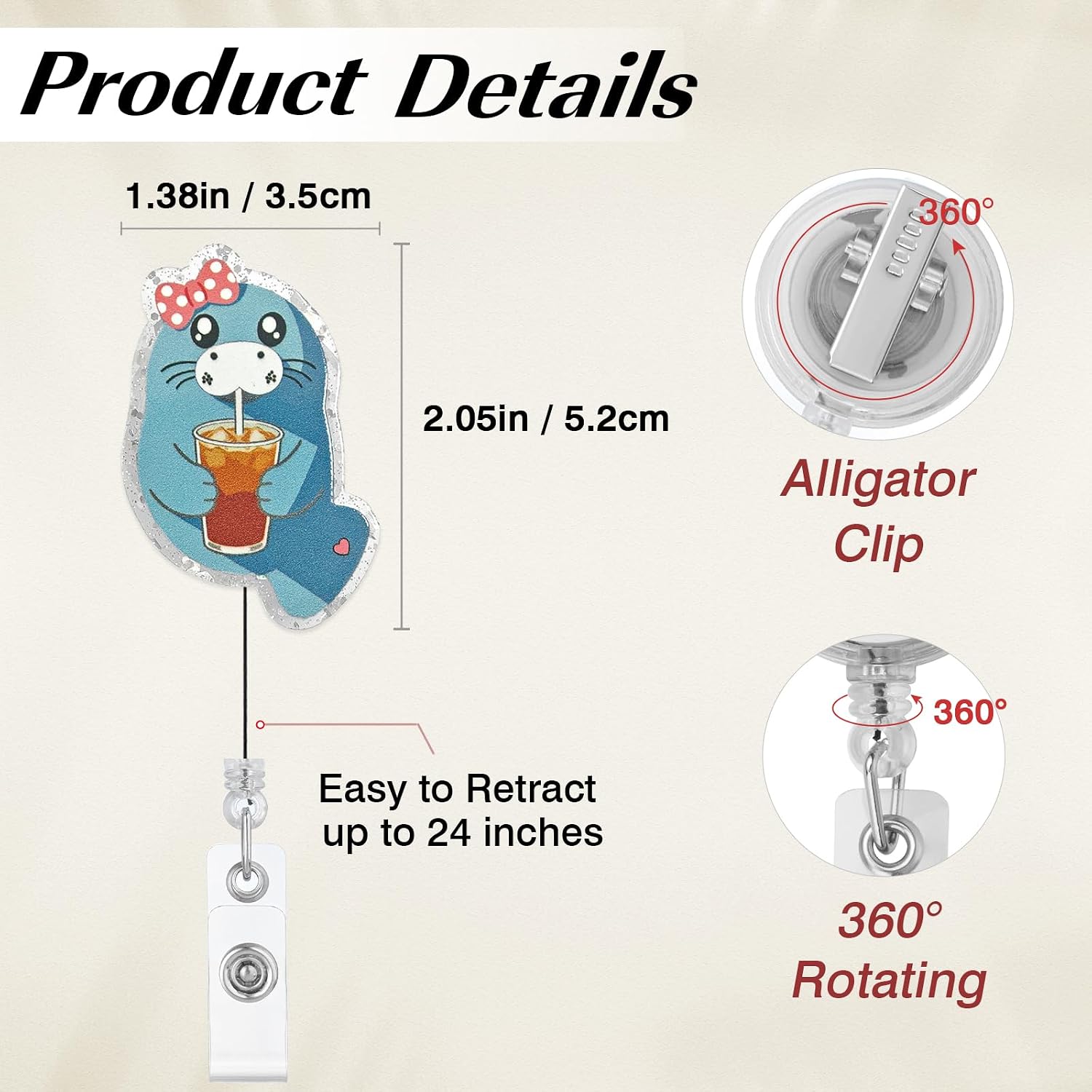 Cute Manatee Holding Iced Coffee Badge Reel with Swivel Alligator Clip, Funny Ocean Animal Retractable Badge Holder for Nurse Nursing RN CNA LPN Doctor & Healthcare Worker, Manatee Lover Badge Buddy image 2