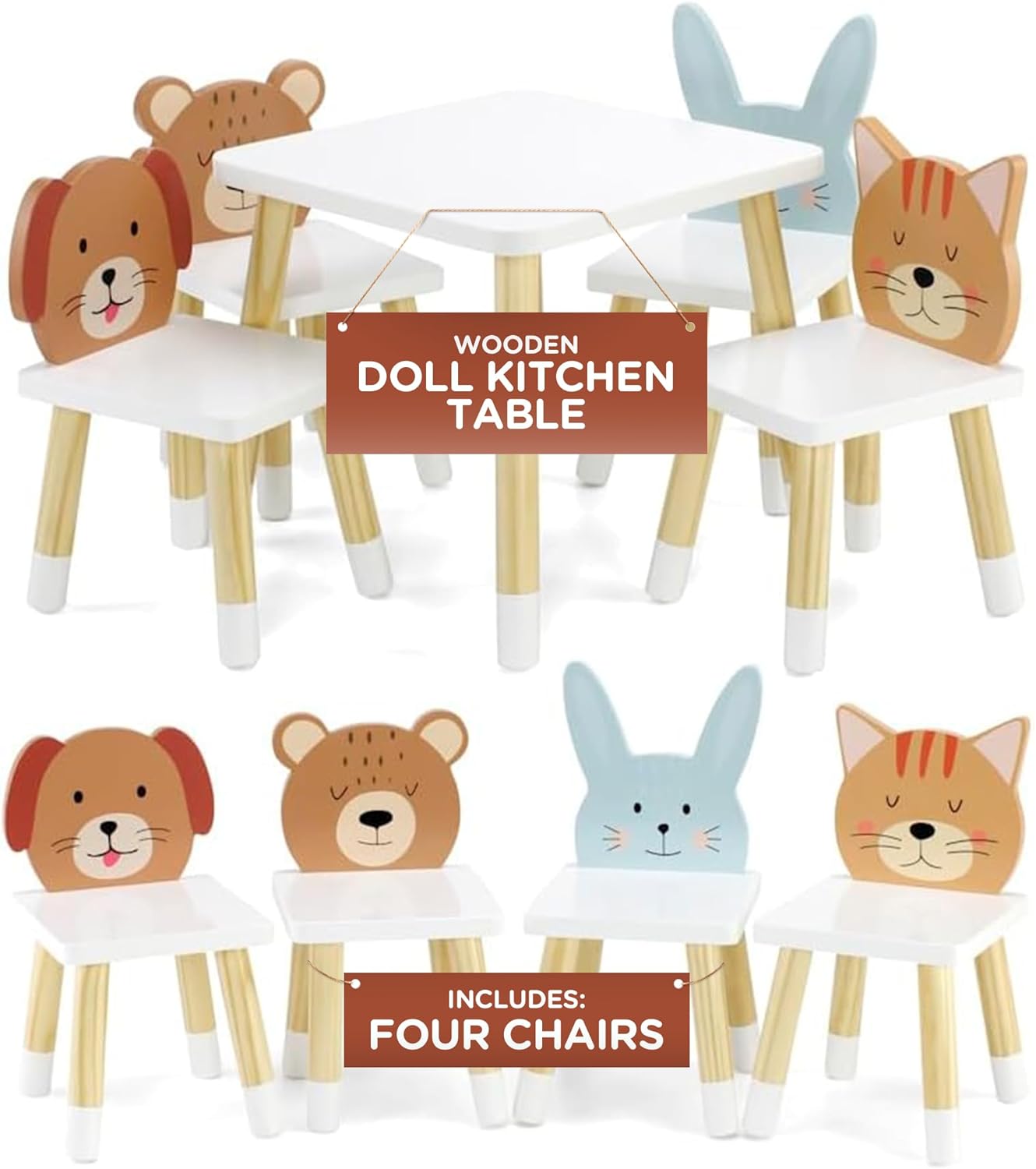 Emily Rose 18 Inch Doll Furniture Kitchen Table & 4 Animal Chairs Set - Rabbit Bear Puppy Kitten Theme, Easy Assembly Wooden 18" Doll Dining Set from Trusted USA Woman-Owned Brand