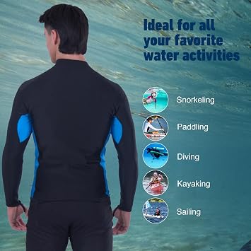 Sharkskin Chillproof Long Sleeve Top for Men, Black/Blue, Neoprene Wetsuit Top for Scuba, Water Aerobics & Swim Shirt, SML