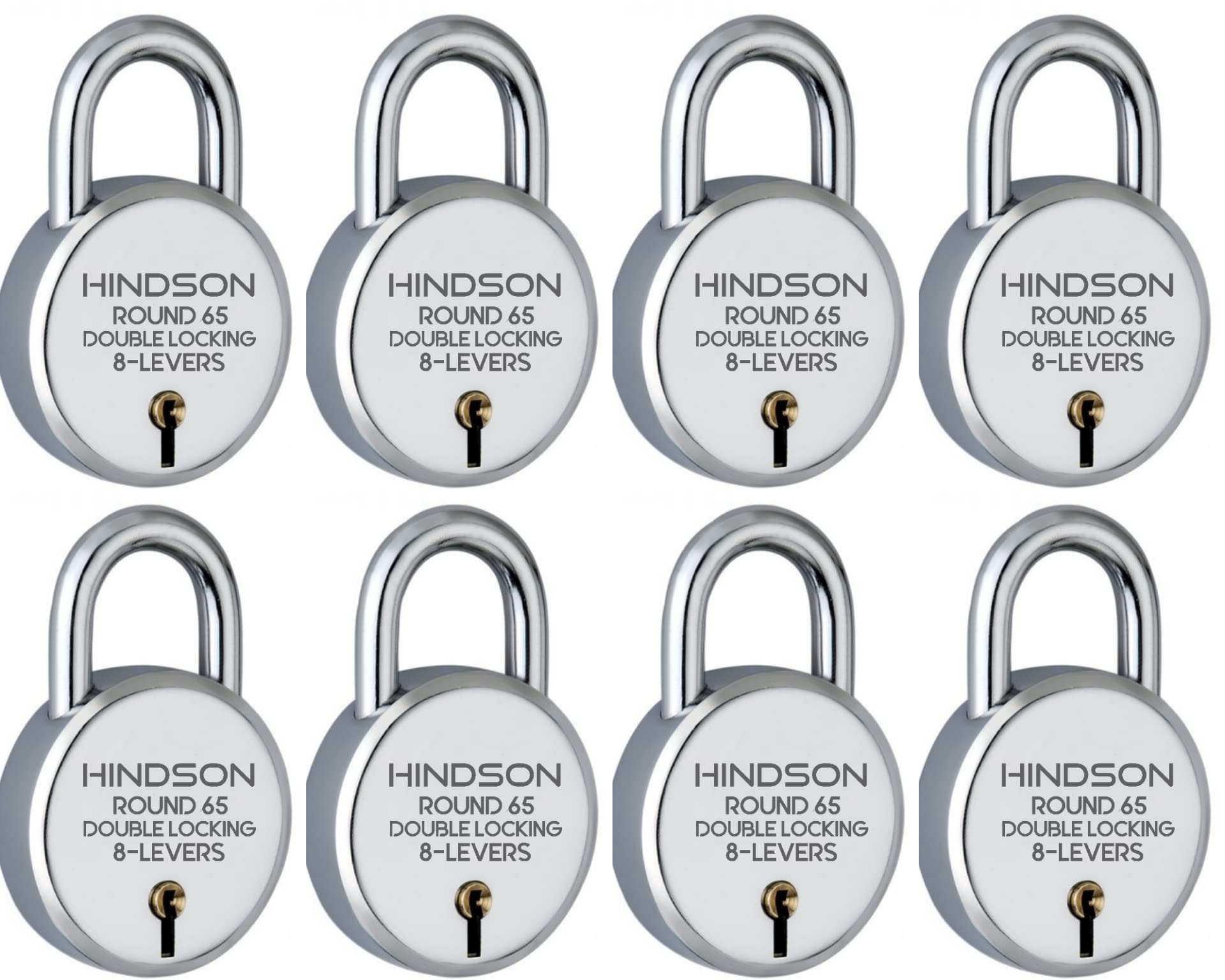 HINDSON Lock Round 65mm with 3 Key, Steel Double Locking, 8 Lever Padlock for Door, Gate, Shutter, Home Harri Ram (Silver Finish, Pack of 8)