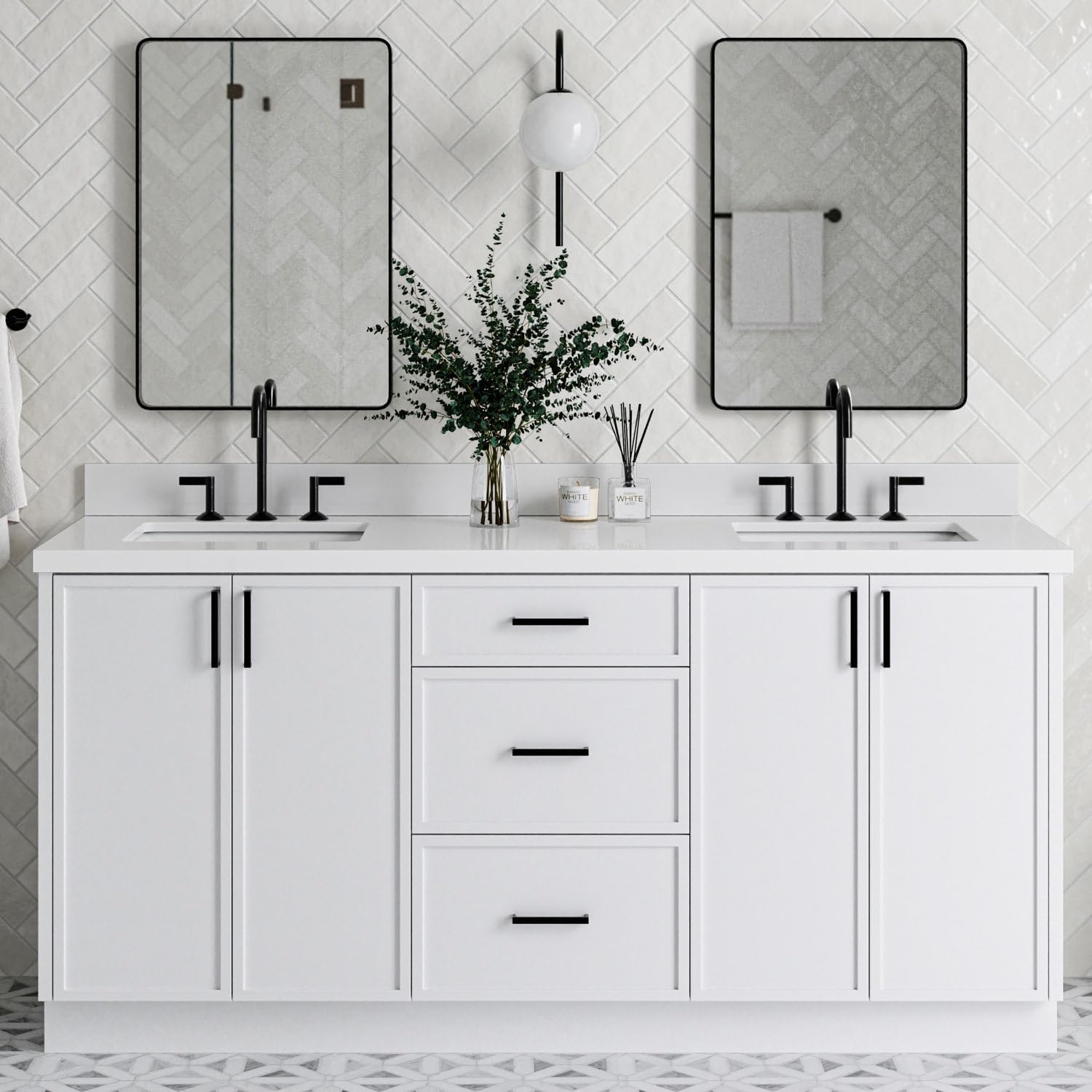 ARIEL Kelly 72-inch Bathroom Vanity with Sink,Solid Wood, 1.5-inch Pure White Quartz Countertop & Backsplash, Double Rectangular Porcelain Sink, 4 Soft Closing Doors, 5 Dovetail Drawers, White
