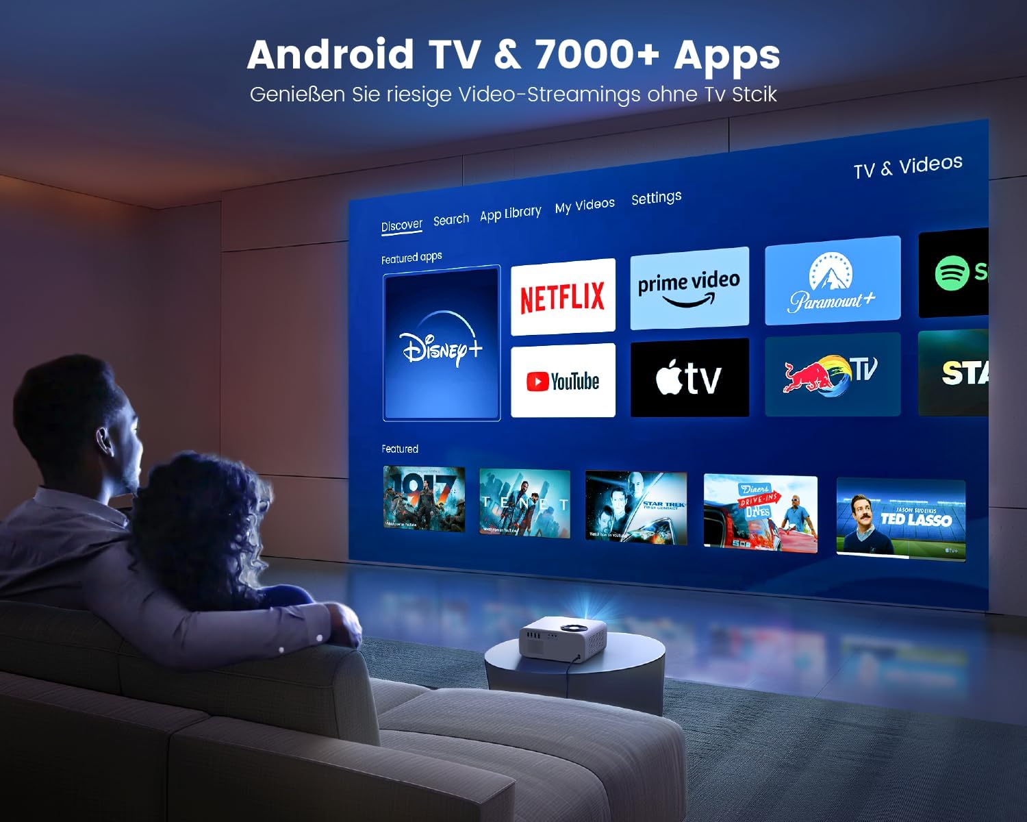 Proiettore Andriod TV: 25000 lumen nativo 1080P Full HD 4K supporta la correzione trapezoidale auto, messa a fuoco elettrica, zoidale, WiFi, Bluetooth, videoproiettore, home cinema, all'aperto con