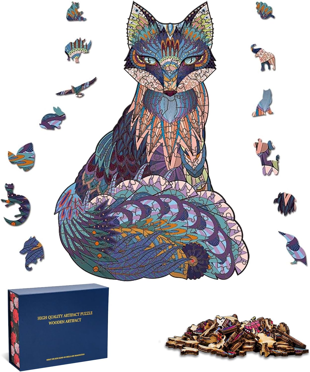 DongzhenWooden Puzzle Adult Wooden Puzzle Fox Colourful Unique Animal Shape Puzzle 300 Pieces, Educational Toy Family Game Collection Birthday Gift