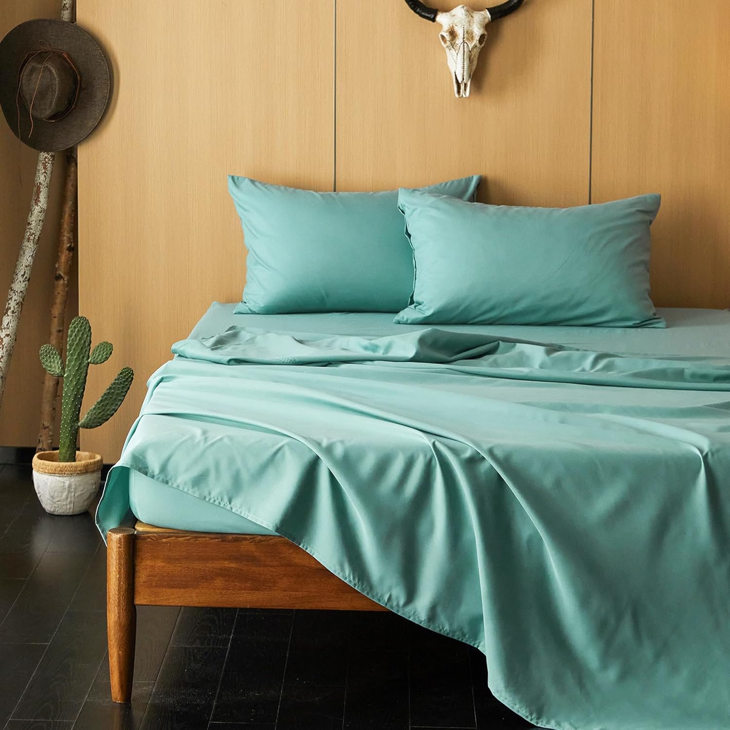 Wake In Cloud - Western Comforter Set with Sheets, Southwestern Aztec Country Horse Cowboy Rustic Ranch Style, 7 Pieces Bed in a Bag, Turquoise Taupe, Queen Size - Image 5