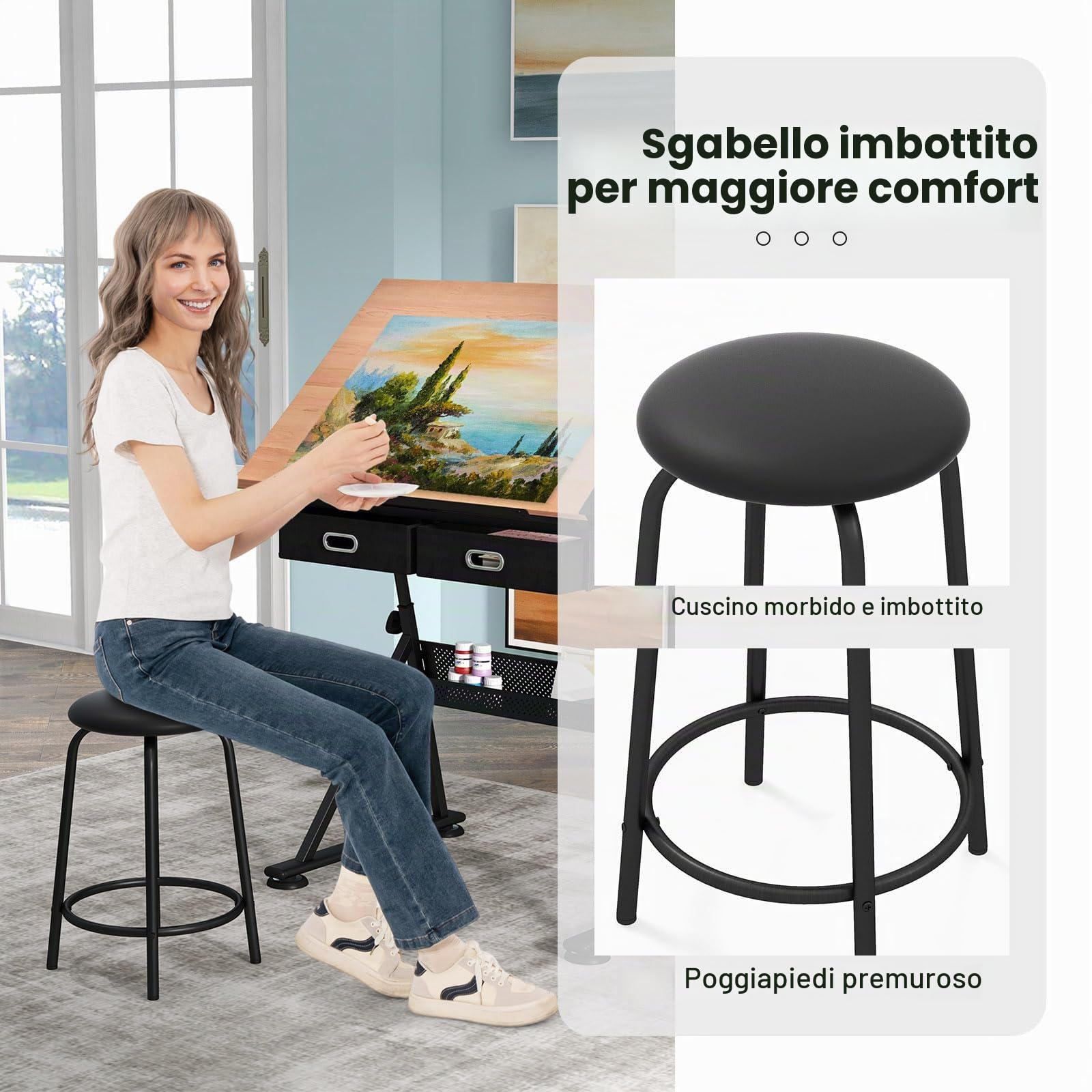 COSTWAY Tavolo da Disegno, Scrivania per Arte Inclinabile e Regolabile in Altezza con Sgabello, Cassetti, Portapenne e Ripiano, Ideale per Disegnatore, Pittore e Ingegnere (Naturale)