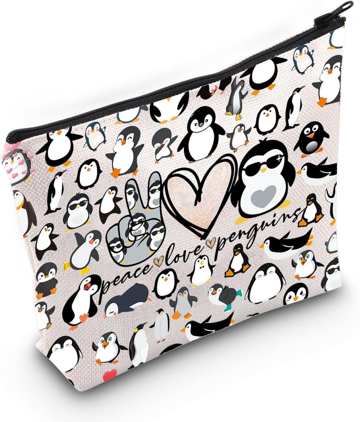 LEVLO Funny Penguins Cosmetic Make up Bag Animal Lover Gift Peace Love Penguins Makeup Zipper Pouch Bag Penguins Lover Gift For Women (Peace Penguins Full)