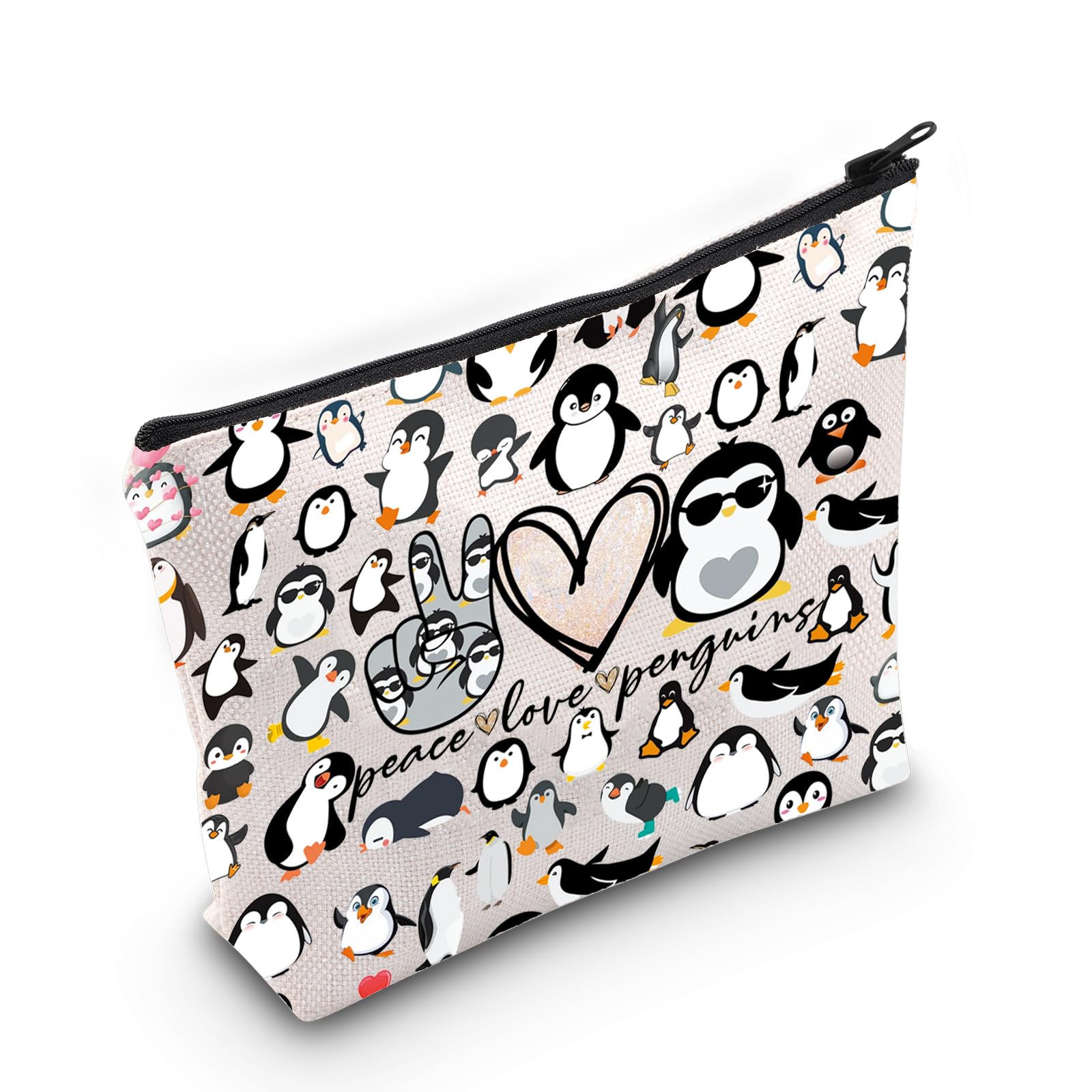 LEVLO Peace Love Penguins Cosmetic Makeup Bag, Canvas, Zipper, Women, Cosmetic Bags, Cosmetic Case, Peace Penguins M