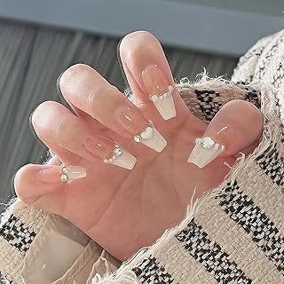 Apictseoo White love pearl French Designs Coffin Fake Nails 24 Pcs Press on Nails Short Length Medium False Nails with Glue,12 Sizes,Acrylic Full Cover Artificial Gel Nail Kit for Women Girls 0407