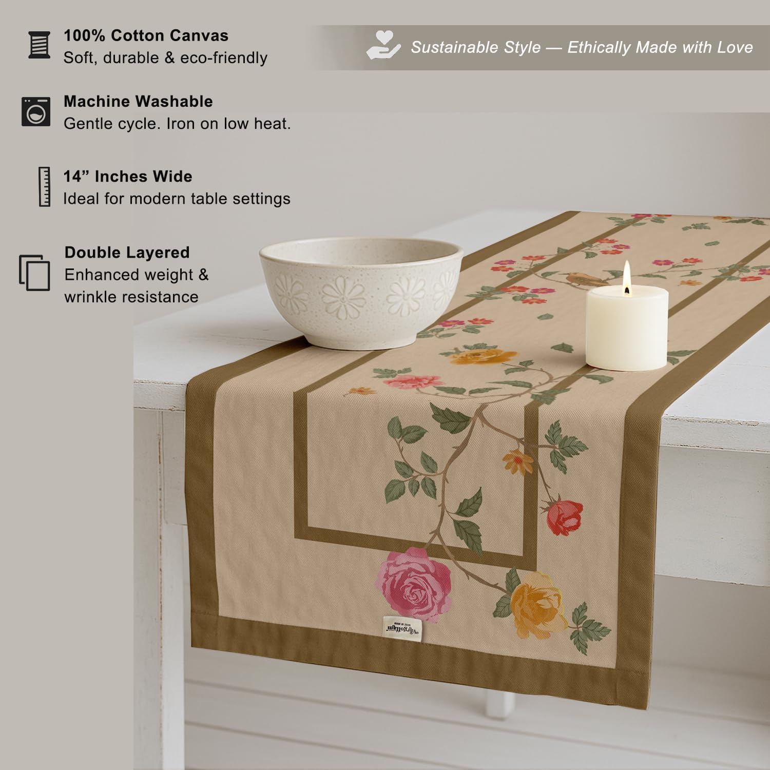 Premium Cotton Table Runner - Lightweight Double Layer - Border Design - Machine Washable Farmhouse Table Decor - Floral