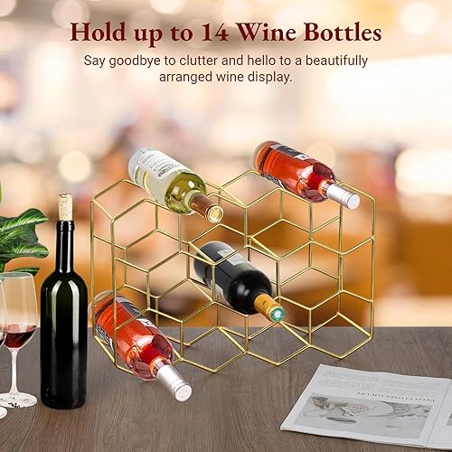 Miniatura 2 de Estante de vino para encimera, soporte de vino de mesa para 14 botellas, organizador de botellas de vino dorado independiente, soporte de