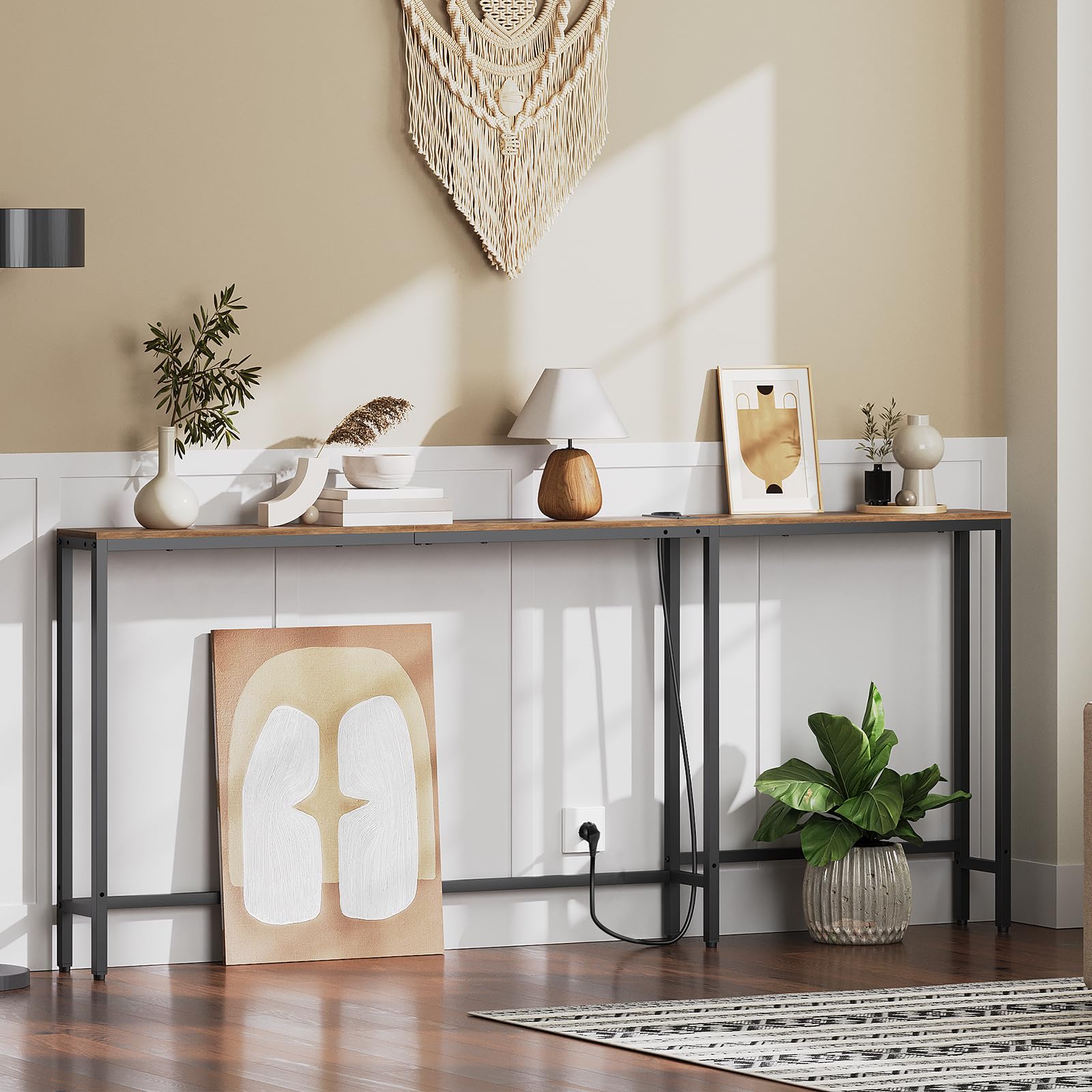 YATINEY Tavolo da Ingresso, Tavolo Console Largo 15 cm con 1 Presa e 2 Porte USB, Consolle Ingresso, per Dietro il Divano, Soggiorno, 3 Modalità di Combinazione, Marrone Vintage e Nero XCT07CBR