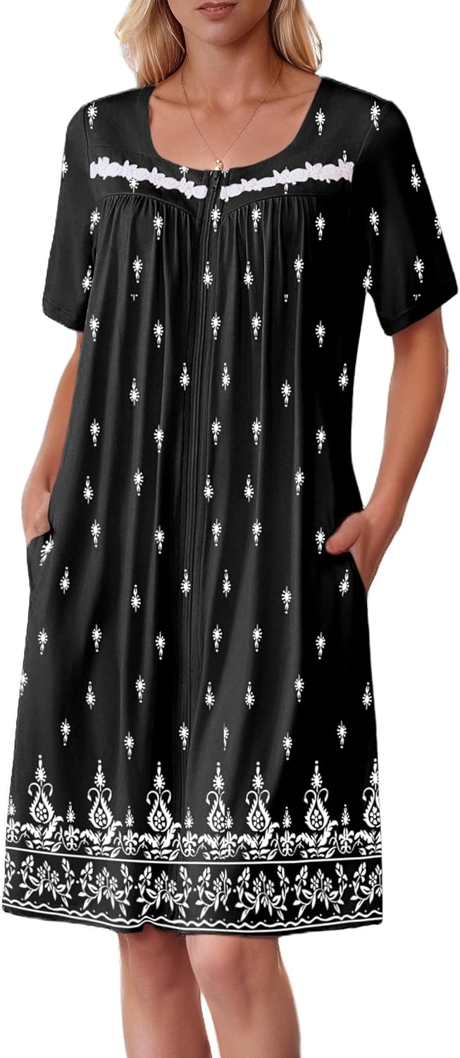 Ekouaer Women Zipper Robe Short Sleeves House Coat Zipper Front Bathrobe Sleepwear with Pockets Housecoat Nightgown