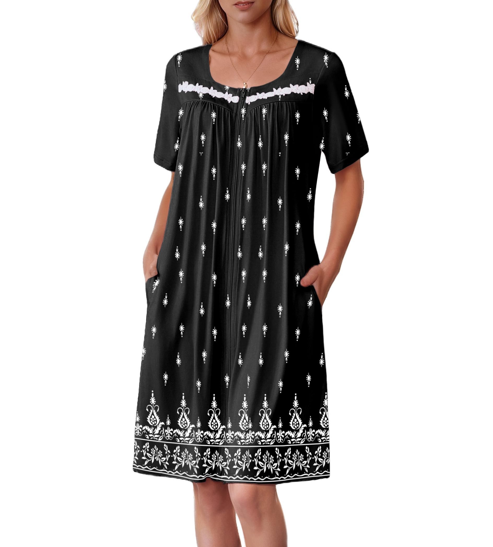 Ekouaer Women Zipper Robe Short Sleeves House Coat Zipper Front Bathrobe Sleepwear with Pockets Housecoat Nightgown